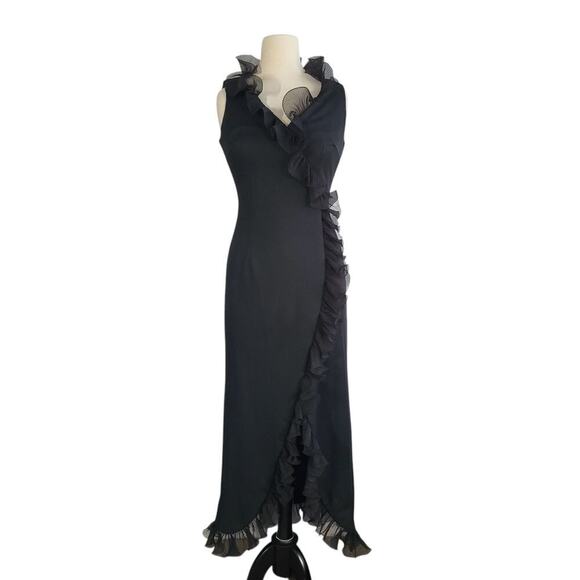 Vintage Black V-neck Ruffled Maxi Formal Dress Size 10 Goth Witch Vamp Sexy Glam - Picture 4 of 15